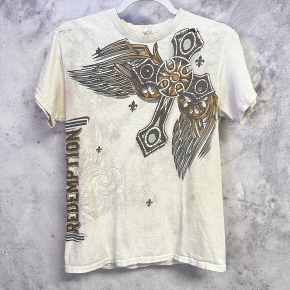 Y2K Style Grunge Cross Shirt Mens Small White Short Sleeve - Picture 1 of 16